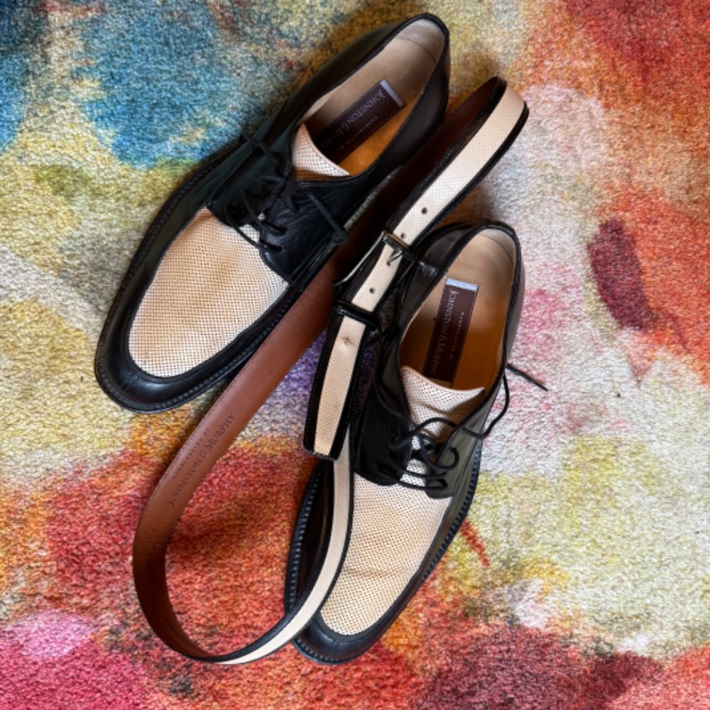 Johnston & Murphy Men’s leather Oxfords Two-Tone Black/Ivory 11.5 (with belt)